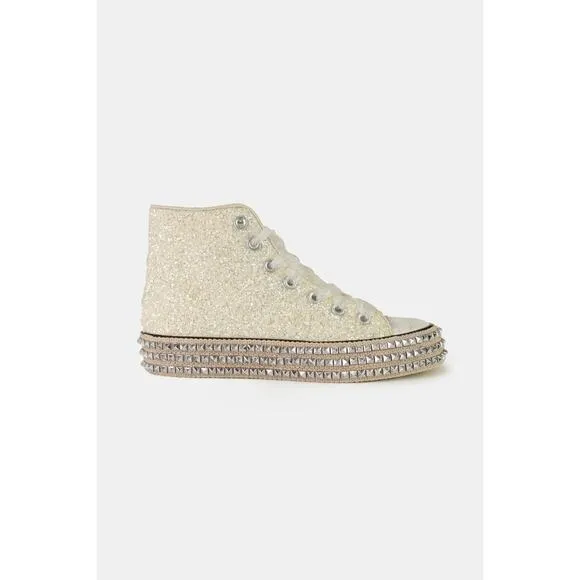 ❤️Beast Fashion Glitter Detail Lace-Up Studded Platform Sneakers | White Pearl