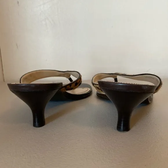 Etienne Aigner Leopard Print Calf Hair Brown Leather Kitten Heel Sandals