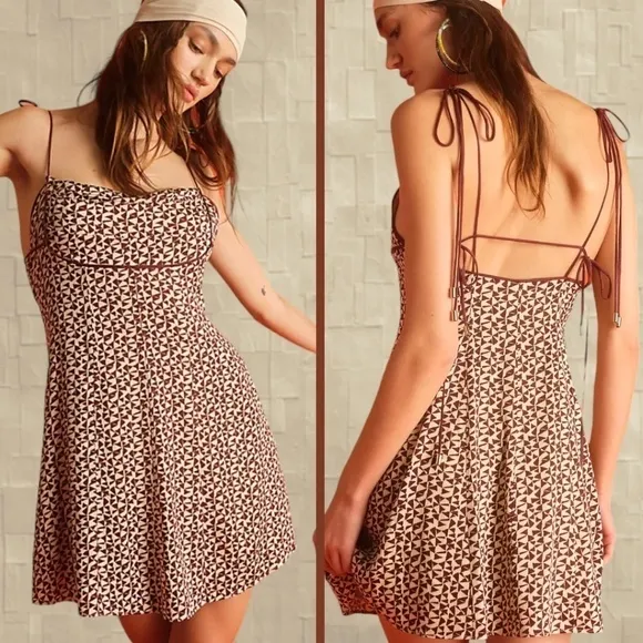 FREE PEOPLE Kai Print Slinky-Long-Tie-Strap Empire Waist Minidress NWT/LG