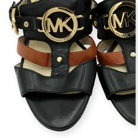 Michael KORS RUSTIN ANKLE STRAP MK LOGO BLACK BROWN SANDAL HEEL 8M