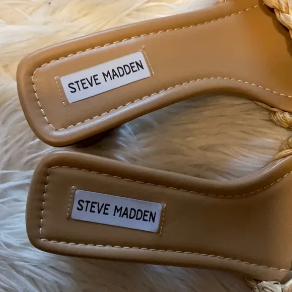 Steve Madden Women’s SAGED Straw Wooden Open Toe Slip On Sandals Size 9.5